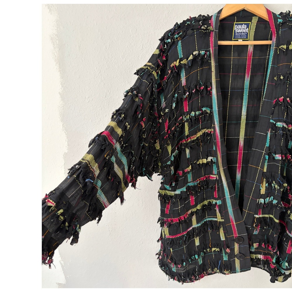 Paula Sweet Womens Muslin Mink Fringe Shredded Jacket L Multi Color Art To Wear - Picture 3 of 7